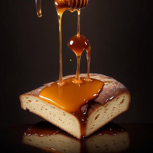 Una fetta di pane con miele che gocciola giù di colore scuro