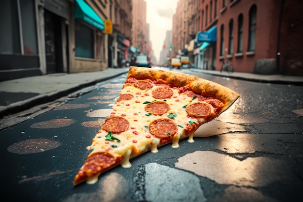 Una fetta di pizza ai peperoni è seduta per strada IA generativa