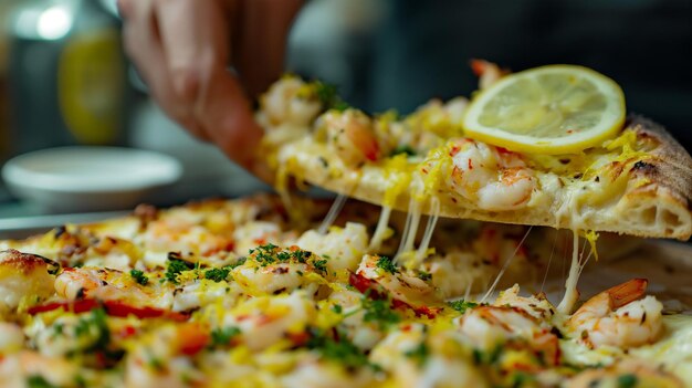 Una fetta di pizza al gambero e al limone che viene sollevata con il formaggio allungato