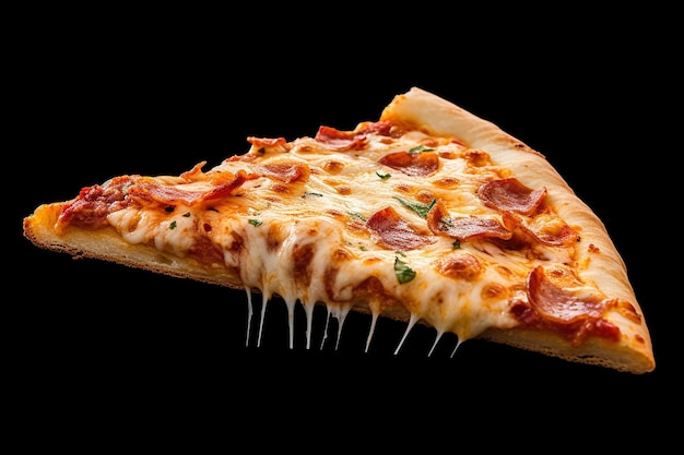 Una fetta di pizza al vapore con formaggio filoso e condimenti freschi è sollevata in alto