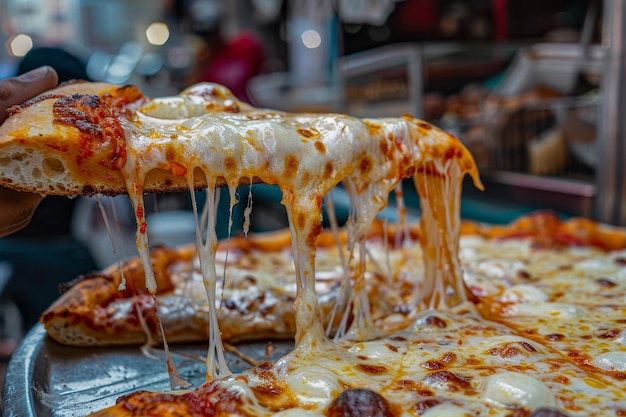 Una fetta di pizza con formaggio fuso e olive.