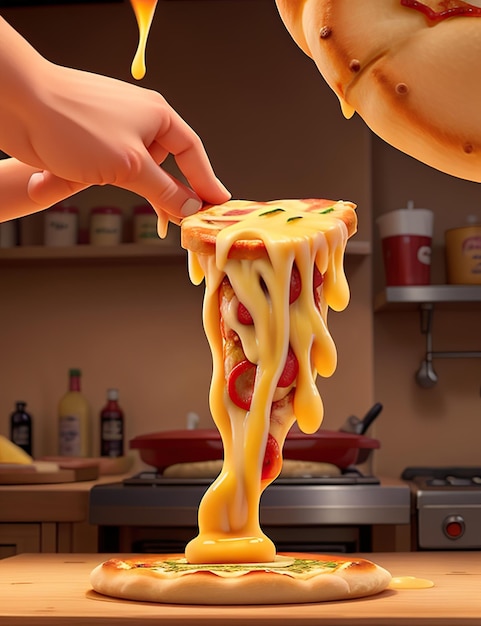 Una fetta di pizza con formaggio fuso sospesa nell'aria