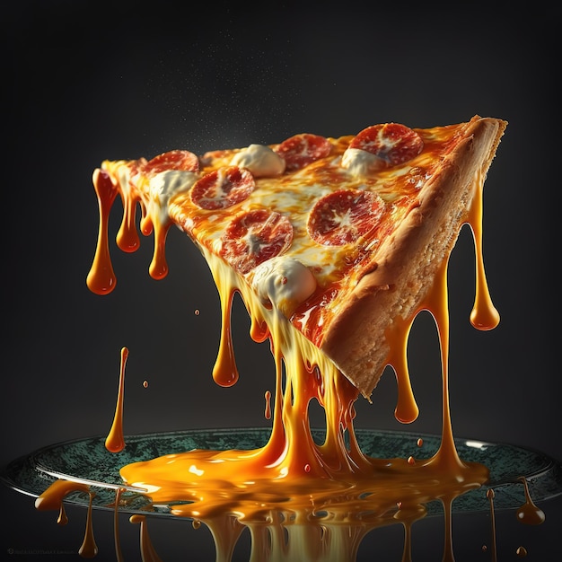Una fetta di pizza con sopra formaggio fuso e peperoni