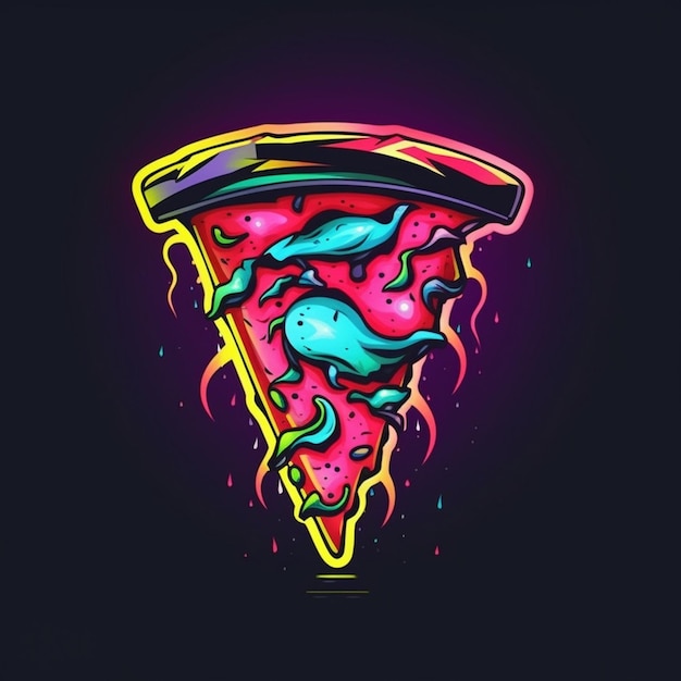 Una fetta di pizza con un colore al neon e le parole pizza sopra