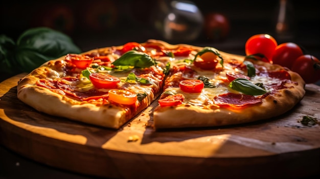 Una fetta di pizza condita con funghi pancetta e pomodorini