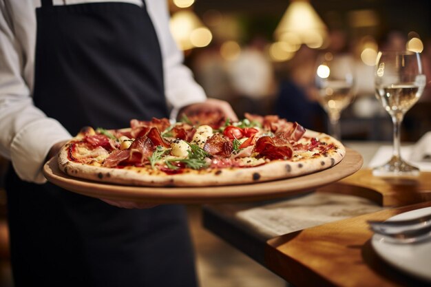 Una fetta di pizza di carne servita su una tavola di legno rustica