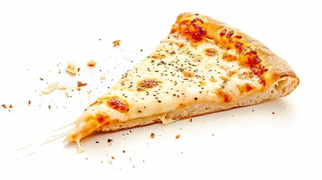 Una fetta di pizza gustosa sta volando su uno sfondo bianco