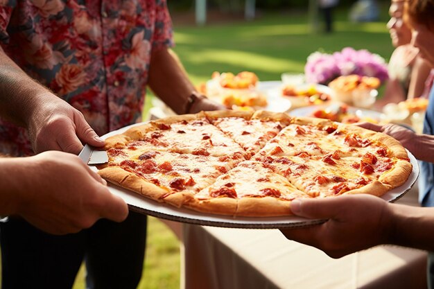 Una fetta di pizza hawaiana che viene tirata via mostrando il formaggio fuso filoso