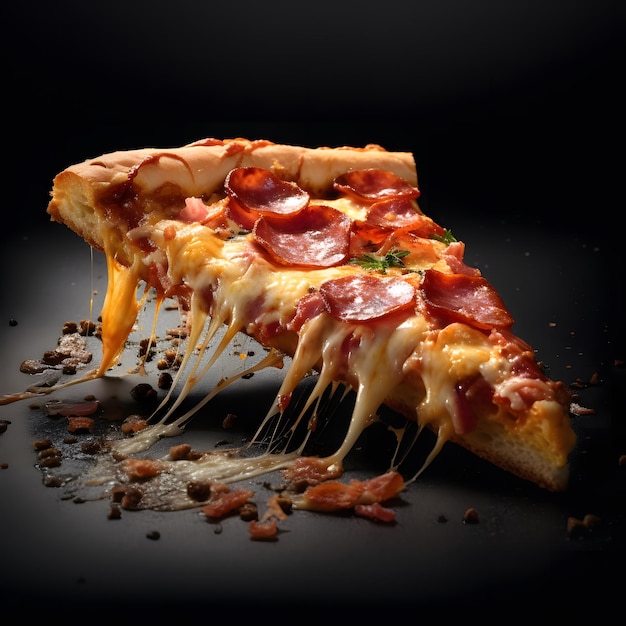 una fetta di pizza si trova sopra uno sfondo nero