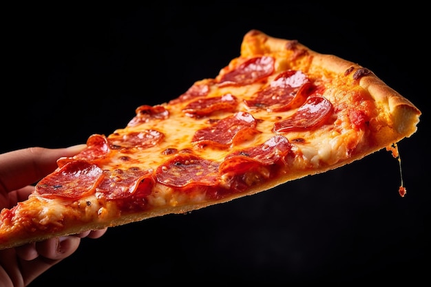 Una fetta di pizza tenuta davanti alla telecamera contro un cielo blu e uno sfondo sfocato