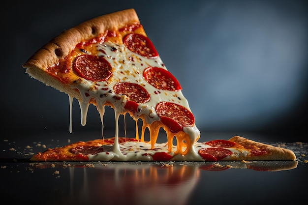 Una fetta di pizza viene versata su uno sfondo nero.