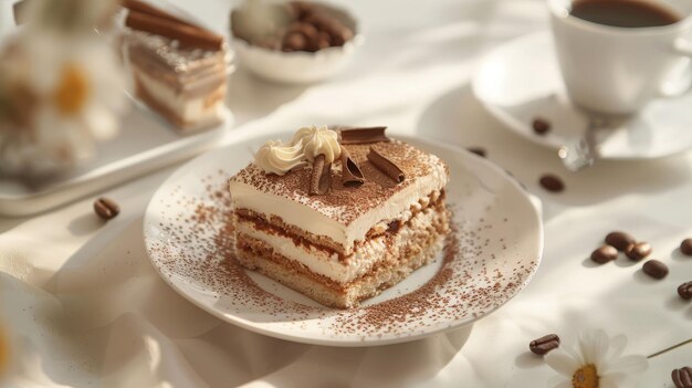 Una fetta di tiramisu con una tazza di caffè