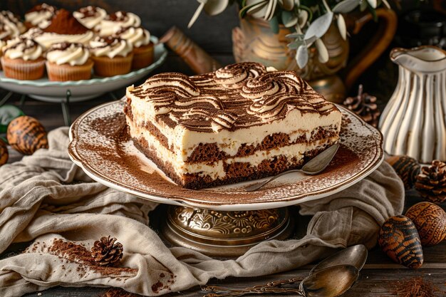 Una fetta di tiramisu su un bancone di dessert vintage