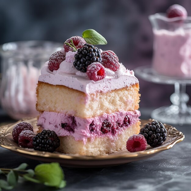 una fetta di torta ai lamponi e un bicchiere di gelato.