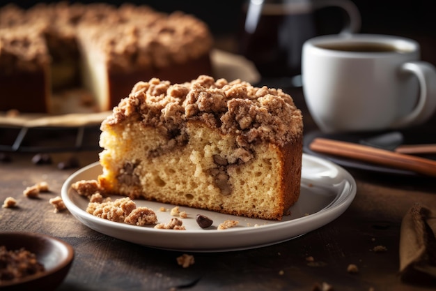 Una fetta di torta al caffè con caffè su un piatto.