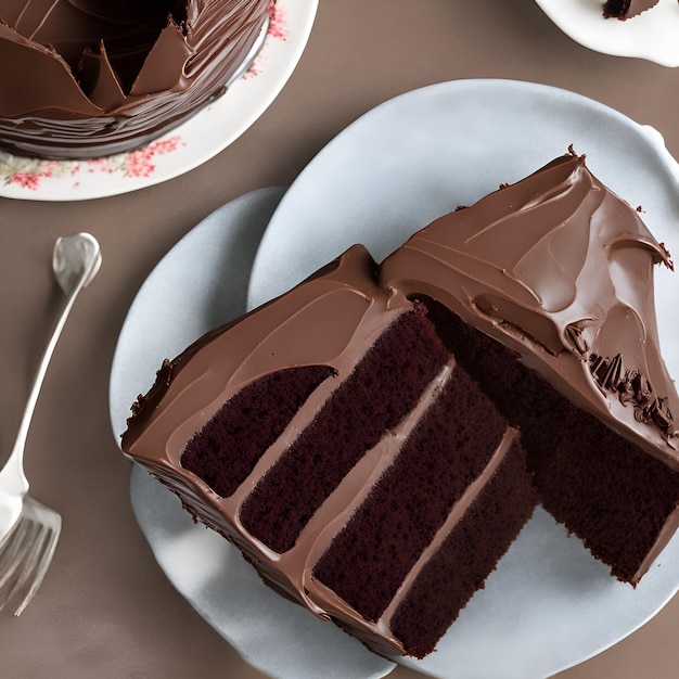 Una fetta di torta al cioccolato con glassa al cioccolato e un piatto di torta al cioccolato.