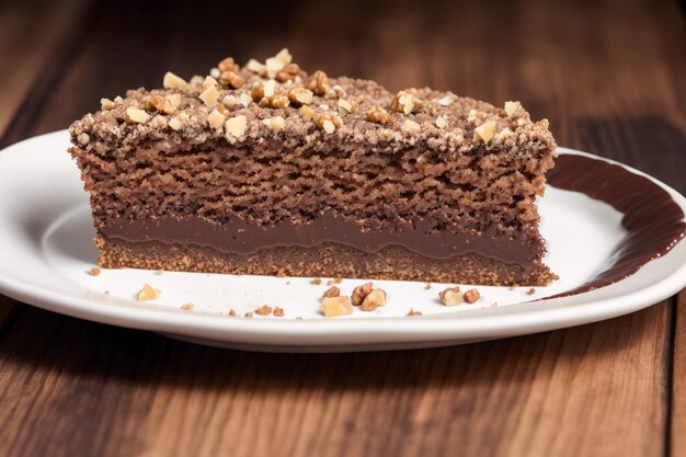 Una fetta di torta al cioccolato con noci in cima