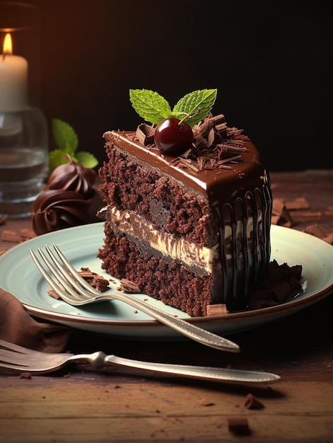 una fetta di torta al cioccolato con una candela sullo sfondo