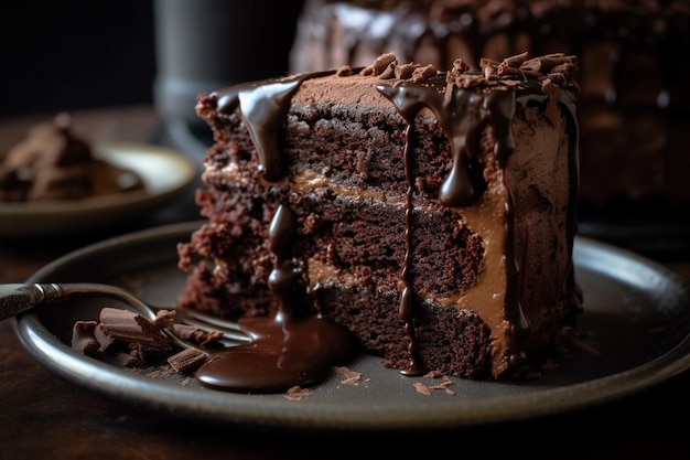 Una fetta di torta al cioccolato con una forchetta sul lato.