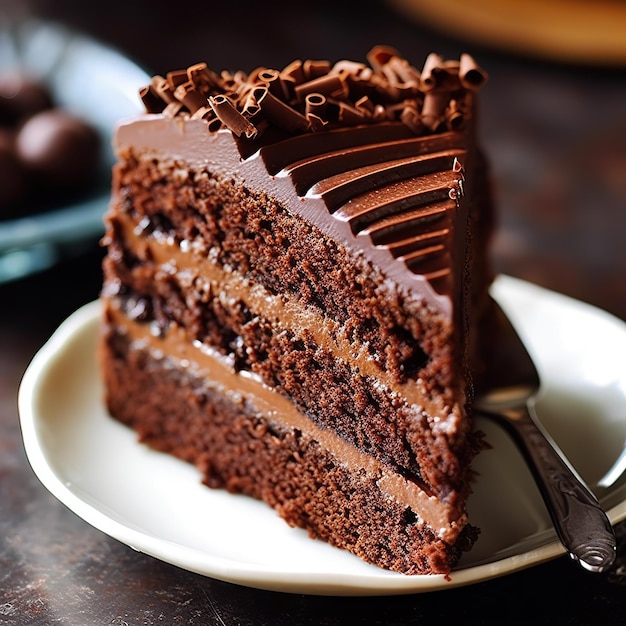 Una fetta di torta al cioccolato è su un piatto con un coltello.