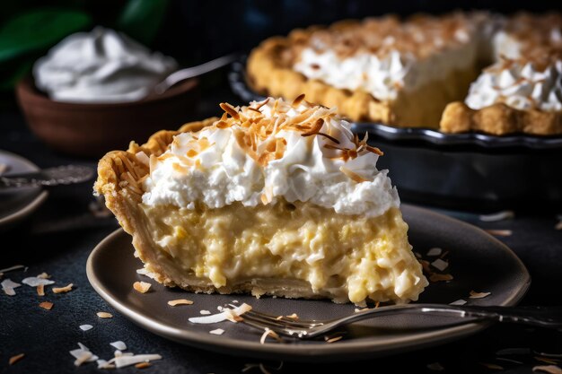 Una fetta di torta al cocco con panna montata e cocco su uno sfondo scuro