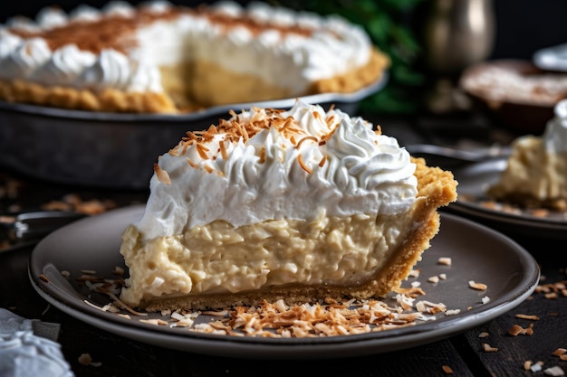 Una fetta di torta alla crema di cocco su un piatto con un'intera torta sullo sfondo.