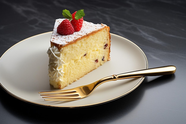 Una fetta di torta alla vaniglia servita su un piatto da dessert di vetro