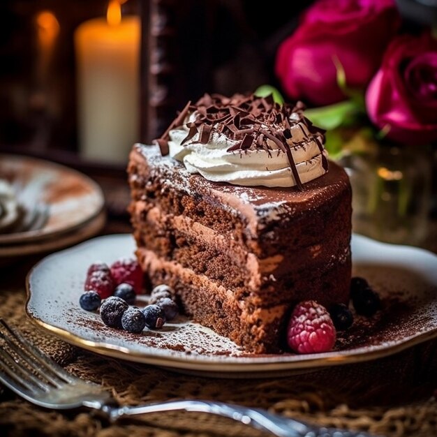 una fetta di torta con cioccolato e lamponi su un piatto.