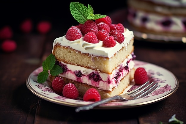 Una fetta di torta con frosting bianco e lamponi