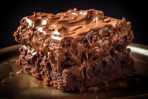 una fetta di torta con glassa al cioccolato e glassa al cioccolato