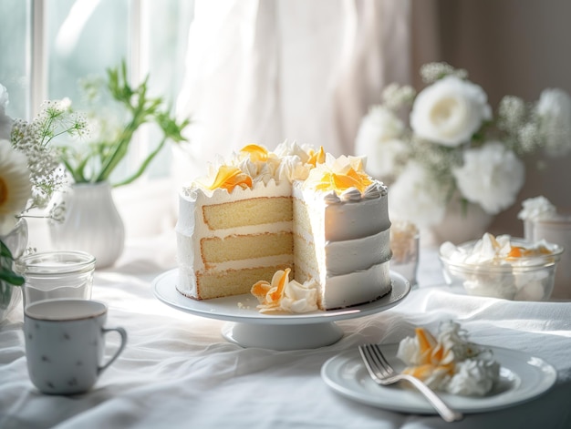 Una fetta di torta con glassa bianca e una tazza di caffè su un tavolo.