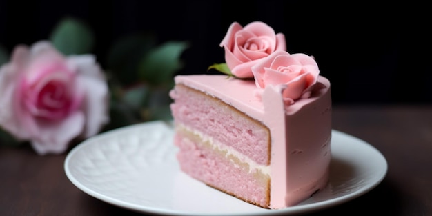 Una fetta di torta con glassa rosa e una rosa in cima.