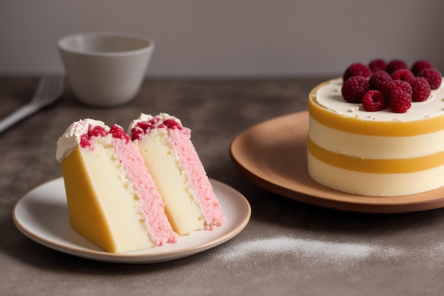 Una fetta di torta con lamponi sul lato