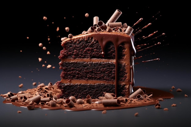 Una fetta di torta con ripieno di cioccolato e cioccolato