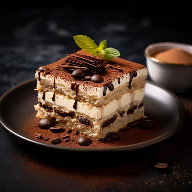 una fetta di torta con salsa al cioccolato e sopra una foglia di menta