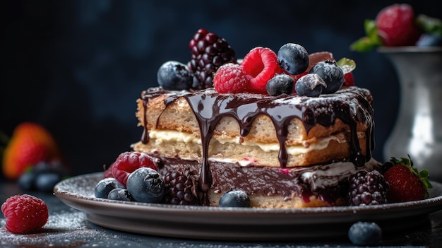 Una fetta di torta con sopra una salsa al cioccolato e frutti di bosco