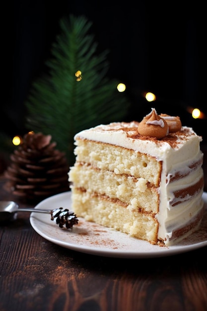 una fetta di torta con una cono di pino in cima.