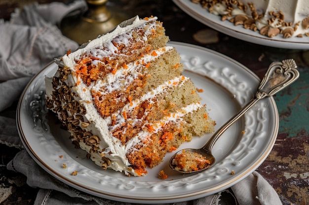 Una fetta di torta di carota su un piatto con un cucchiaio vintage