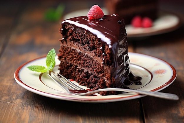 Una fetta di torta di cioccolato fatta in casa su un piatto