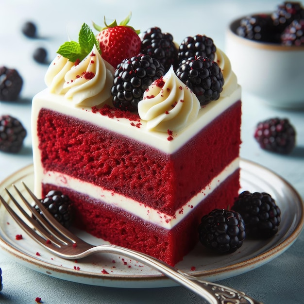 una fetta di torta di velluto rosso con crema di mirtillo