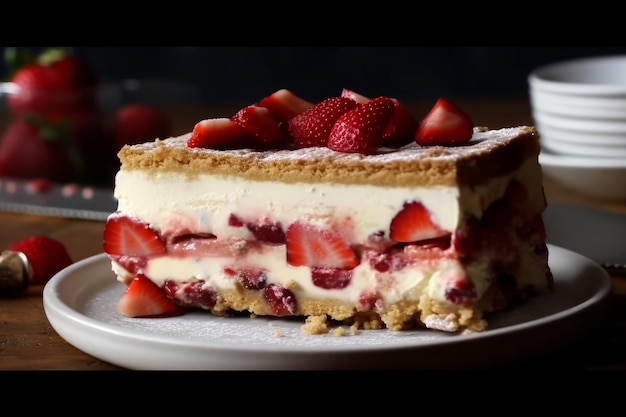 Una fetta di torta gelato alla fragola con un morso tolto.