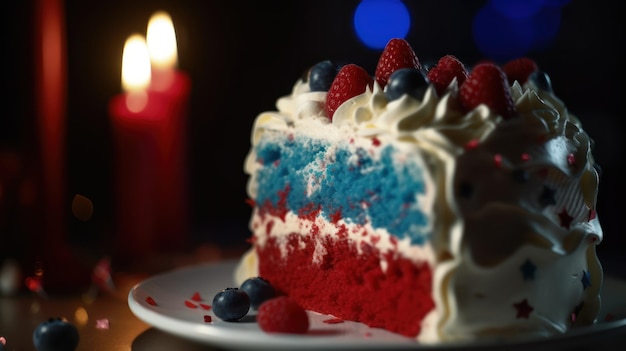 Una fetta di torta rossa, bianca e blu con sopra i colori della bandiera.