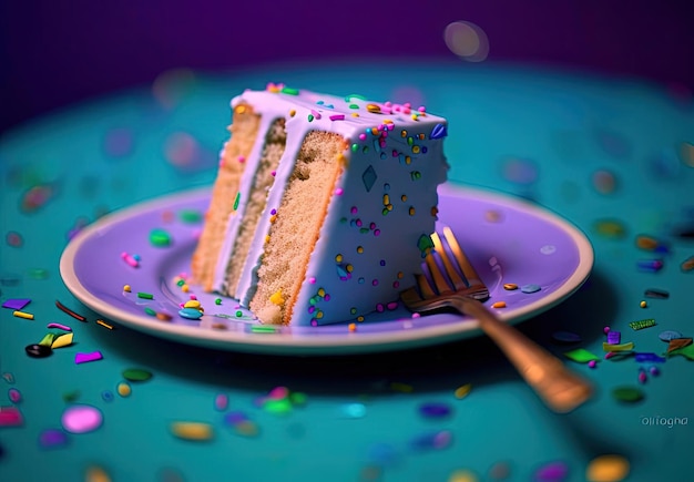 una fetta di torta su un piatto con bastoncini di ghiaccio nello stile di punti confetti