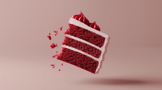 Una fetta galleggiante di torta di velluto rosso in stile oggetti volanti isolati in stile Memphis in stile rendering generato da AI