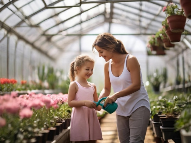 Una figlia felice che aiuta sua madre ad annaffiare i fiori in un giardino