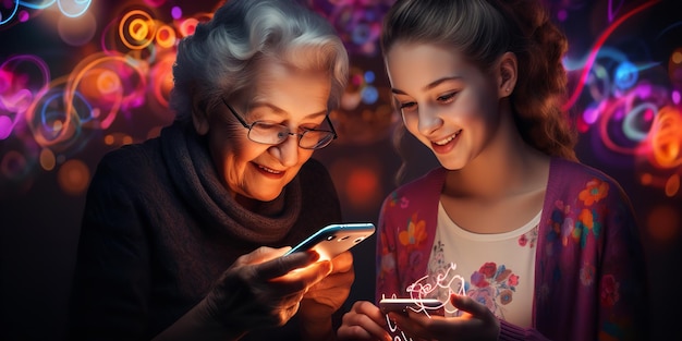 Una figlia mostra a sua madre anziana come usare uno smartphone Generative Ai