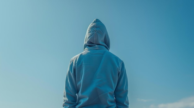 Una figura con un cappuccio indigo su uno sfondo blu cielo