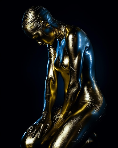 Una figura d'oro con vernice blu e oro su di essa