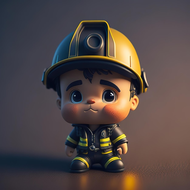 Una figura di cartone animato di un ragazzino chibi che indossa un vigile del fuoco con cappello rigido