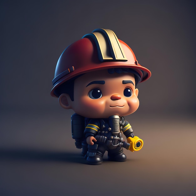 Una figura di cartone animato di un ragazzino chibi che indossa un vigile del fuoco con cappello rigido